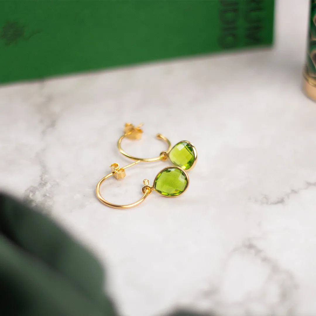 Peridot Drop Hoop Earrings | Gold - August