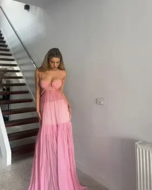 Pink Backless Chiffon A Line Evening Party Dress Long Prom Dress Sexy Charming