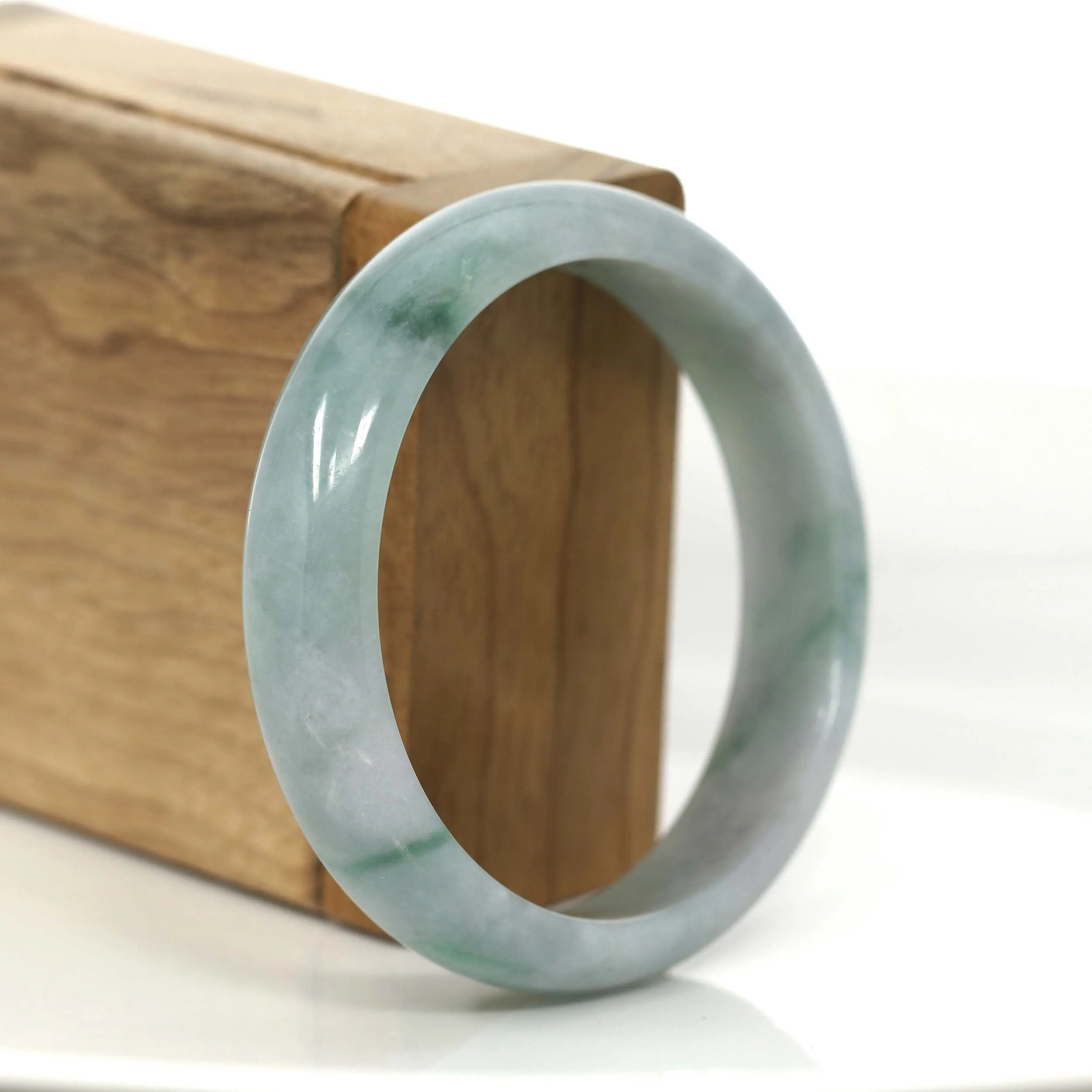 "Classic Half Round" Blue- Green Jadeite Jade Bangle Bracelet (57.22 mm) #694