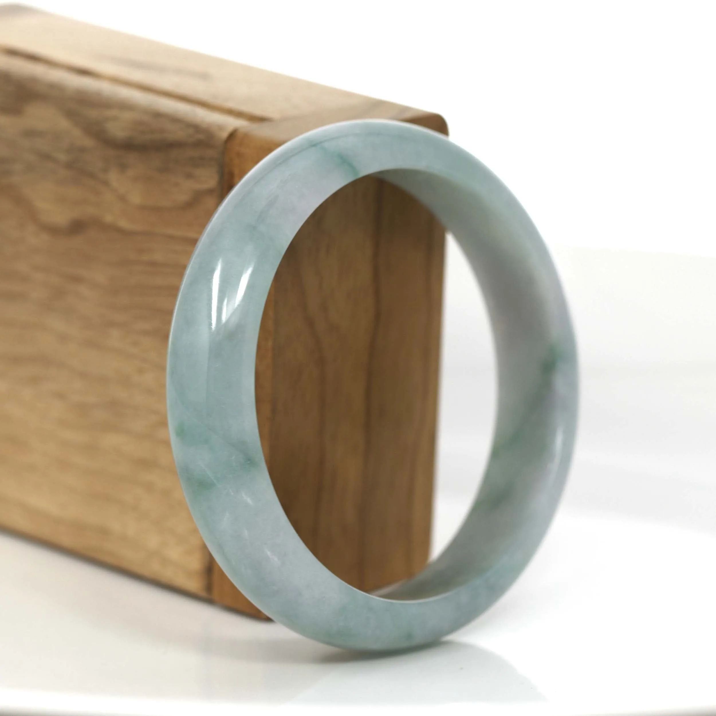 "Classic Half Round" Blue- Green Jadeite Jade Bangle Bracelet (57.22 mm) #694