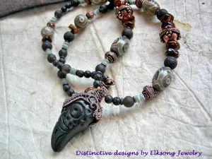 Raven Totem Necklace, Tribal Focal, Copper Wire Wrap, Dark Gemstone