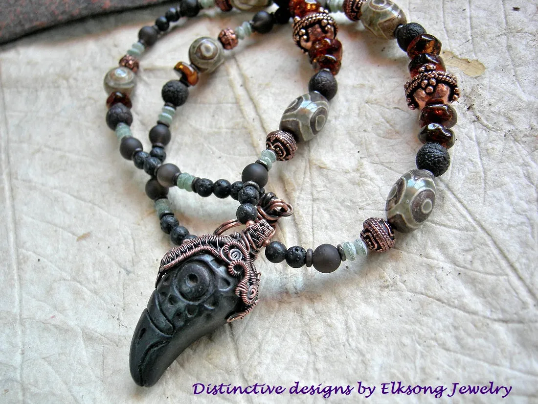Raven Totem Necklace, Tribal Focal, Copper Wire Wrap, Dark Gemstone