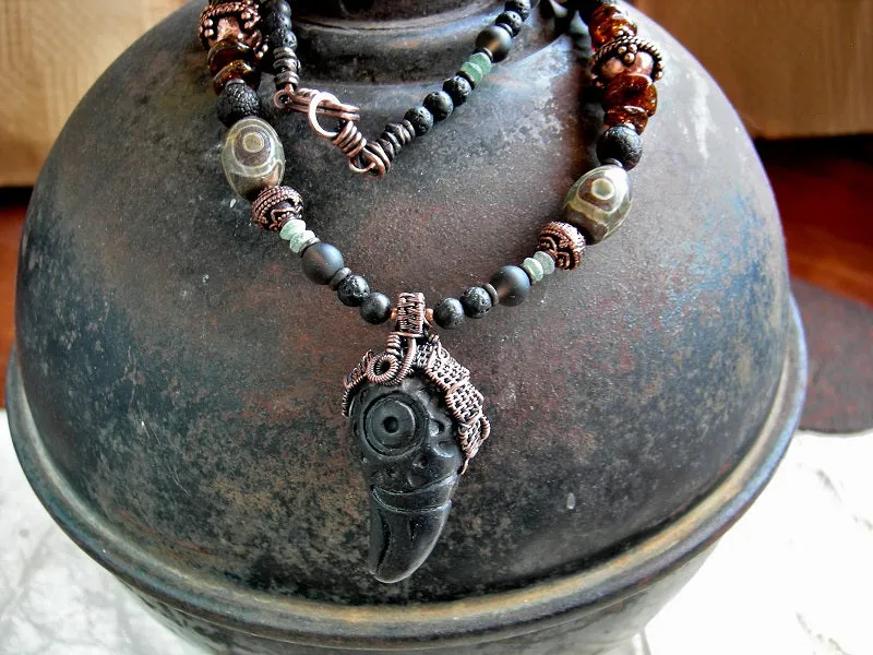 Raven Totem Necklace, Tribal Focal, Copper Wire Wrap, Dark Gemstone