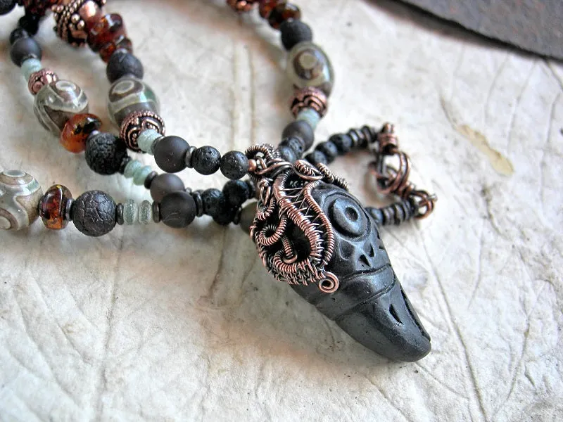 Raven Totem Necklace, Tribal Focal, Copper Wire Wrap, Dark Gemstone