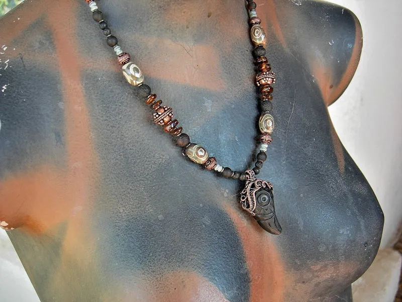 Raven Totem Necklace, Tribal Focal, Copper Wire Wrap, Dark Gemstone
