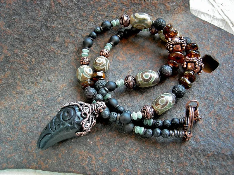 Raven Totem Necklace, Tribal Focal, Copper Wire Wrap, Dark Gemstone