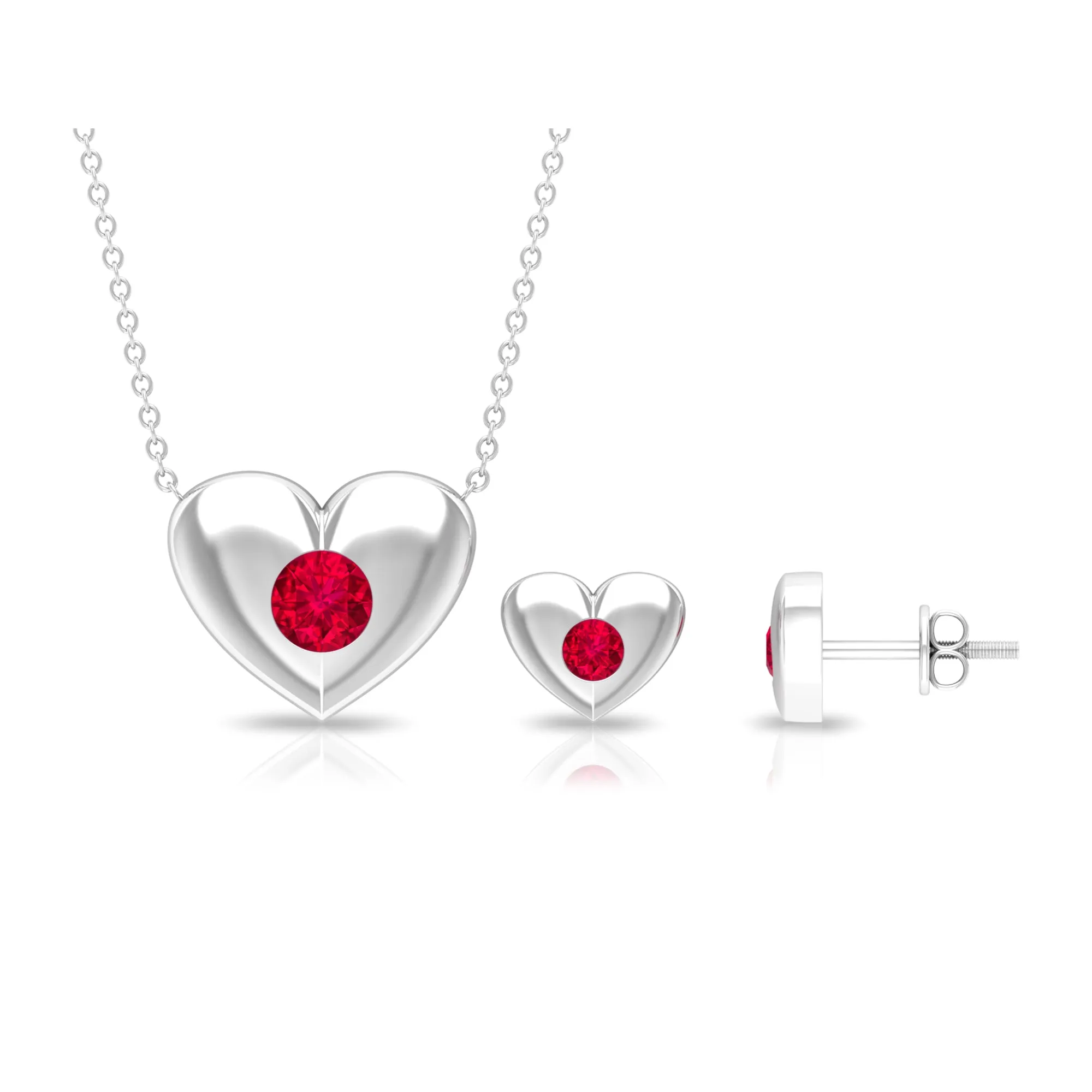Real Ruby Heart Necklace and Stud Earring Set