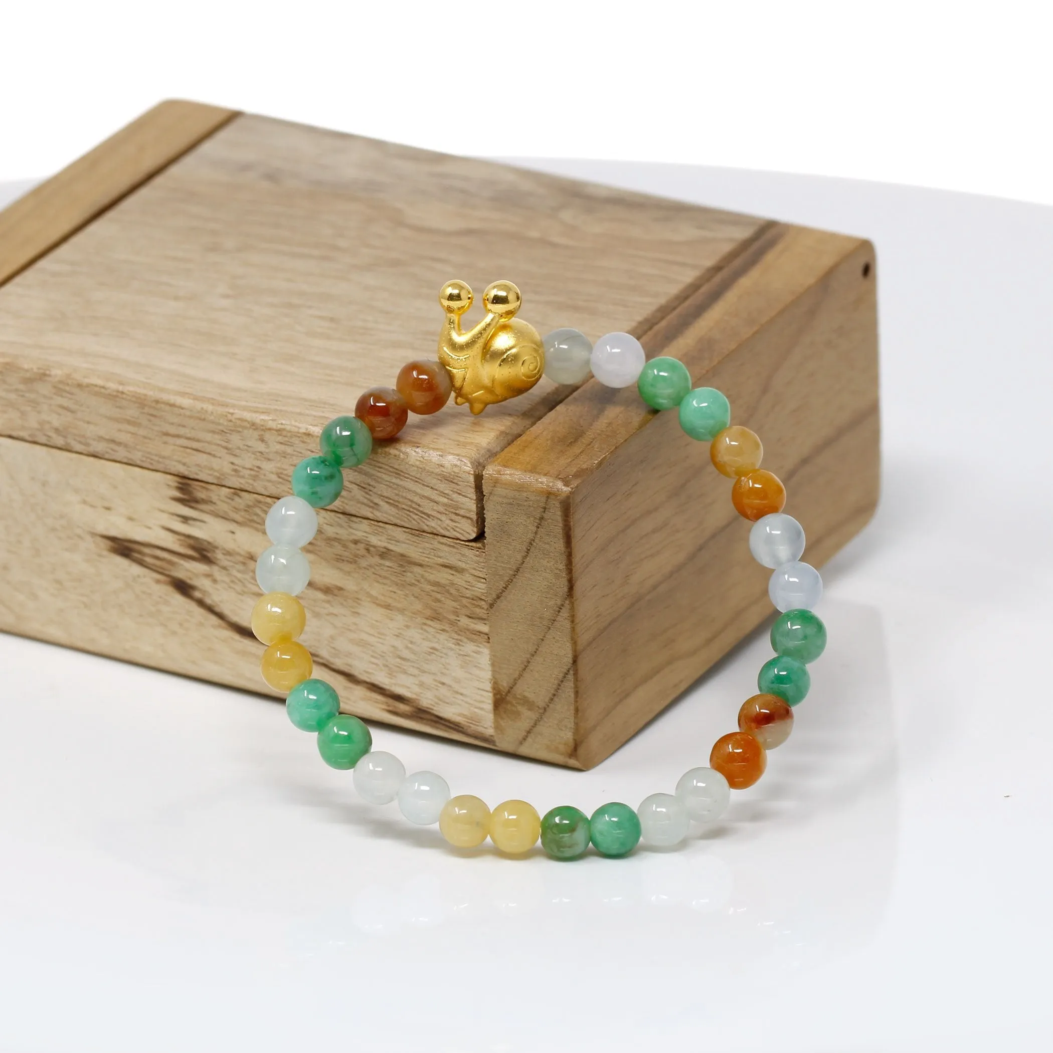 RealJade® "Cute Snail" Multi-color Genuine High-quality Jade Jadeite Bracelet Bangle with 24k Yellow Gold Snail Charm Colorful #427