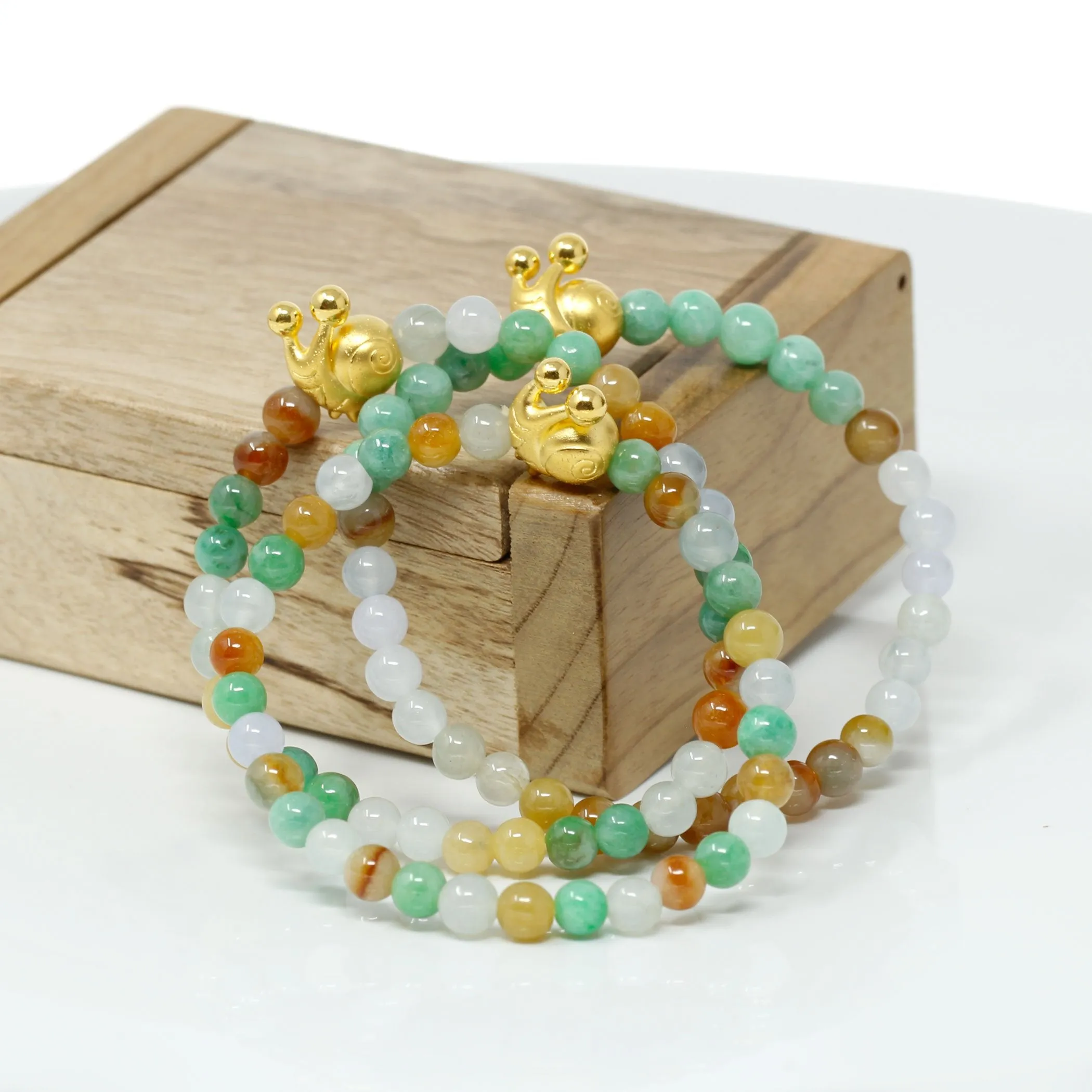 RealJade® "Cute Snail" Multi-color Genuine High-quality Jade Jadeite Bracelet Bangle with 24k Yellow Gold Snail Charm Colorful #427