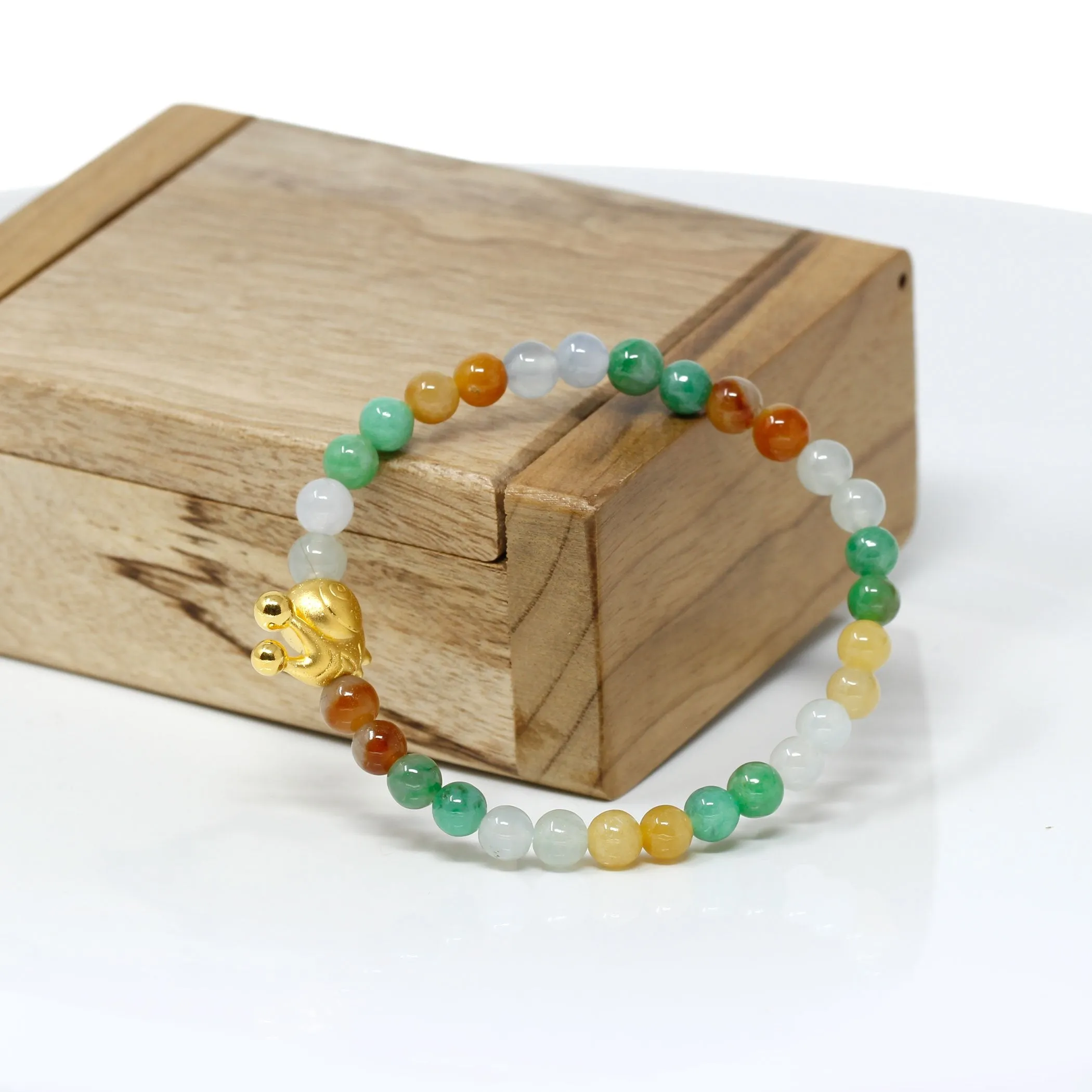 RealJade® "Cute Snail" Multi-color Genuine High-quality Jade Jadeite Bracelet Bangle with 24k Yellow Gold Snail Charm Colorful #427