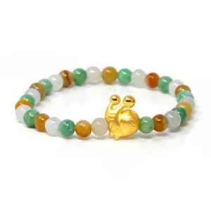 RealJade® "Cute Snail" Multi-color Genuine High-quality Jade Jadeite Bracelet Bangle with 24k Yellow Gold Snail Charm Colorful #427