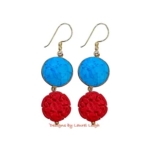 Red Cinnabar & Turquoise Gemstone Drop Earrings