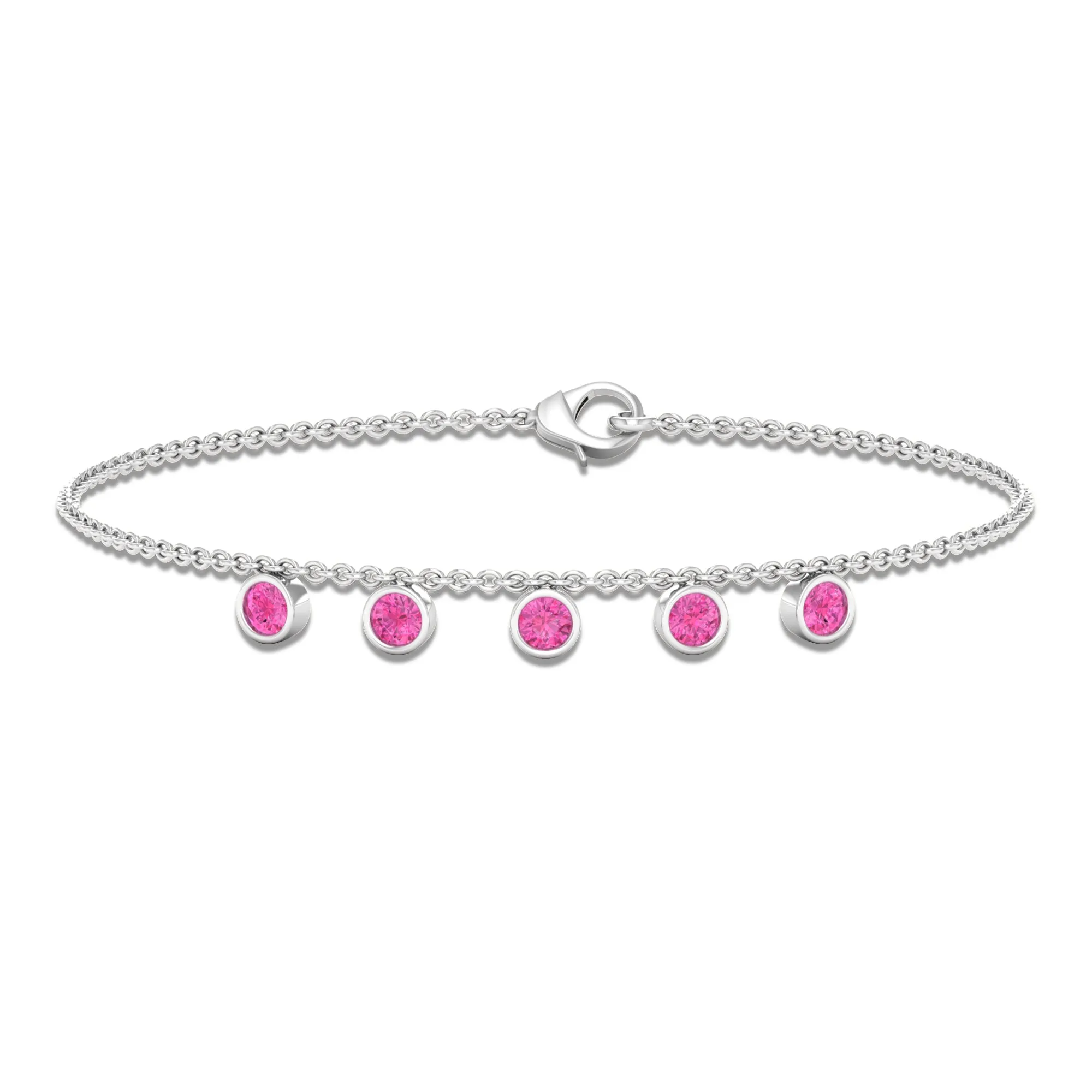 Round Pink Sapphire Station Chain Bracelet