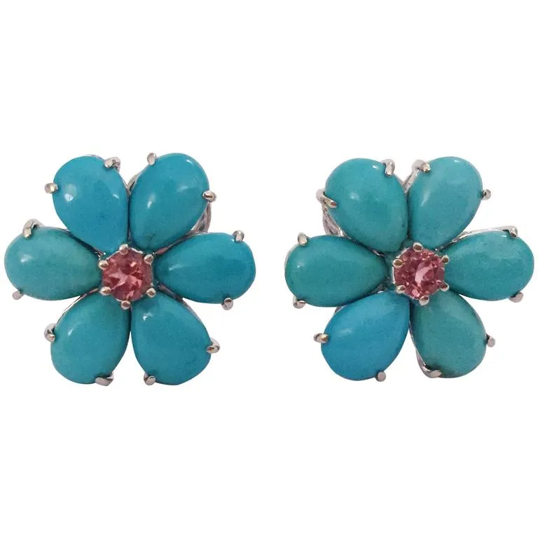 Rubelite Turquoise Gold Flower Earrings