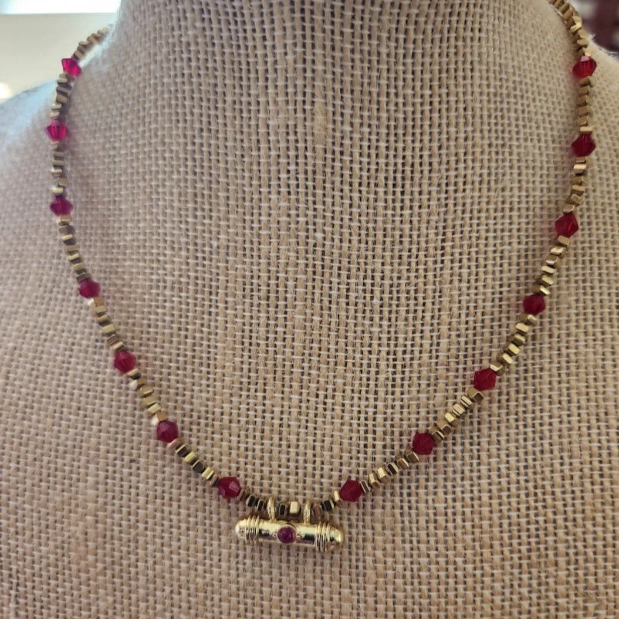 RUBY T - HEMITITE GOLD SWAROVSKI RUBY CRYSTAL NECKLACE