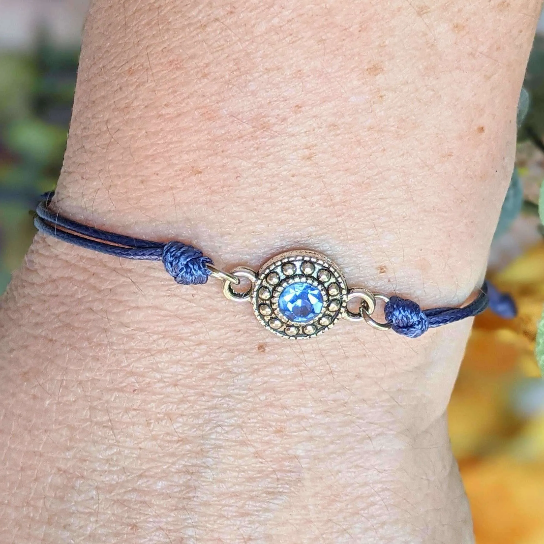 Sapphire Blue Crystal Waxed Cord surfer Bracelet-Sept. Birthstone