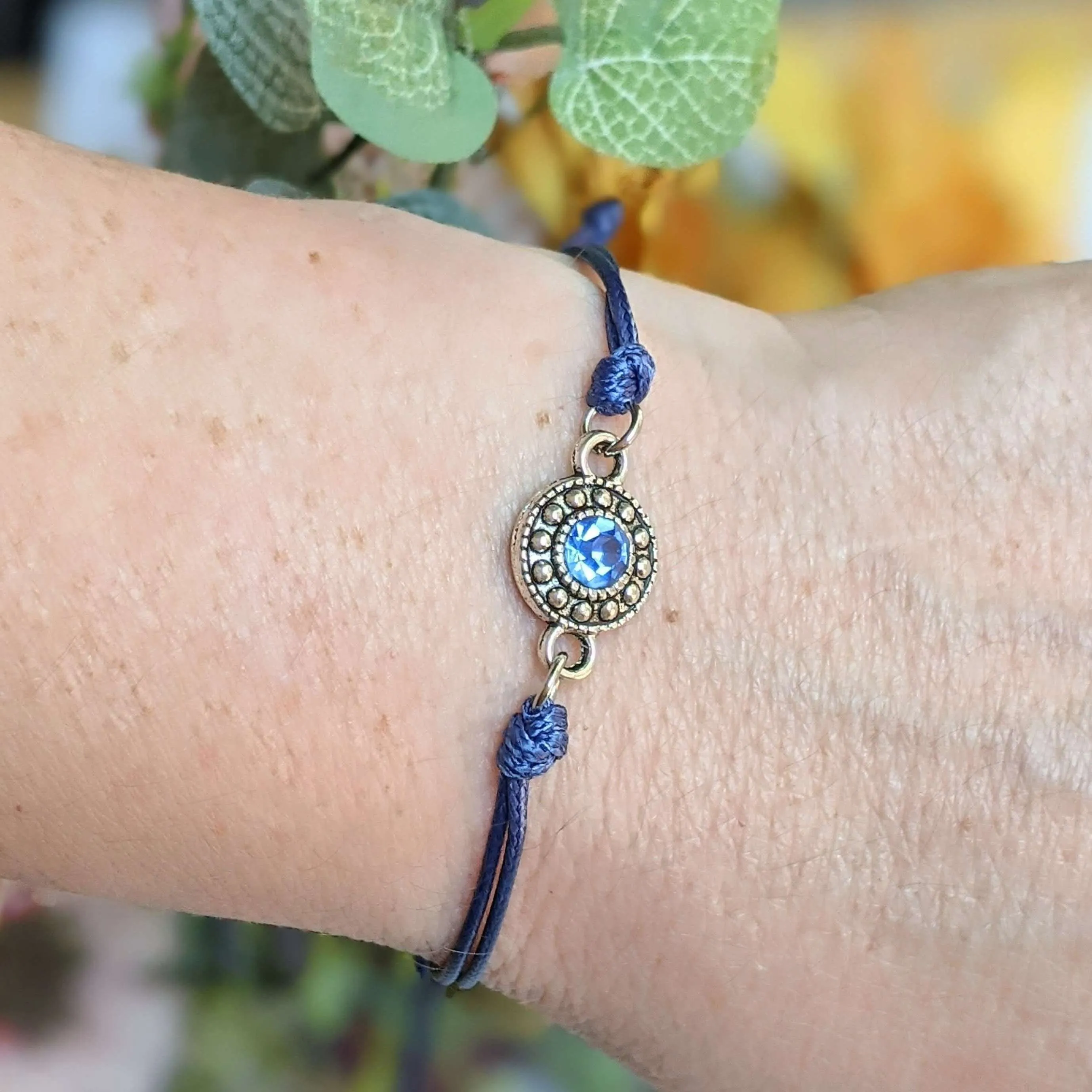 Sapphire Blue Crystal Waxed Cord surfer Bracelet-Sept. Birthstone