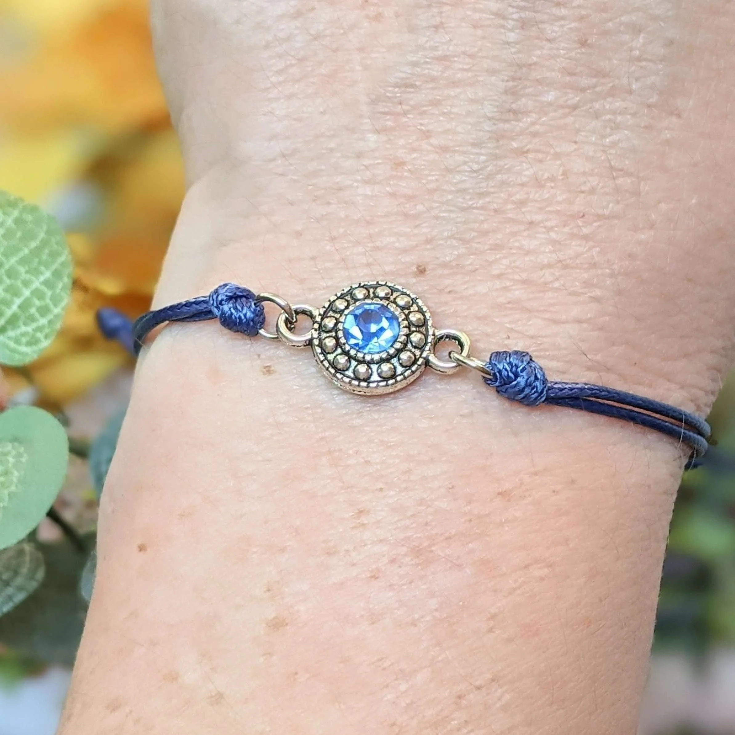 Sapphire Blue Crystal Waxed Cord surfer Bracelet-Sept. Birthstone