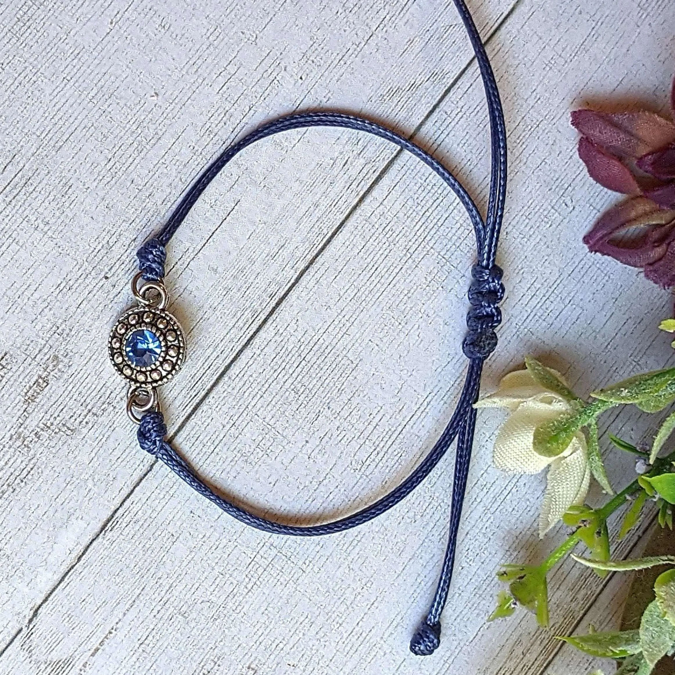 Sapphire Blue Crystal Waxed Cord surfer Bracelet-Sept. Birthstone
