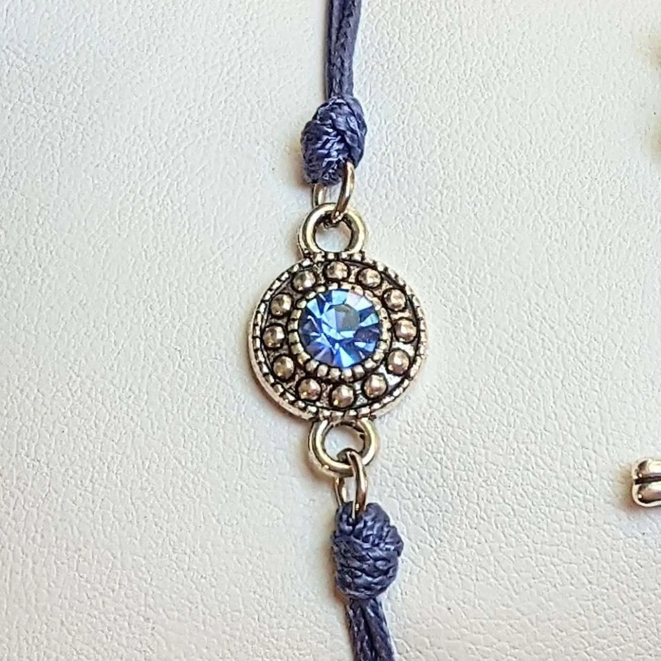 Sapphire Blue Crystal Waxed Cord surfer Bracelet-Sept. Birthstone