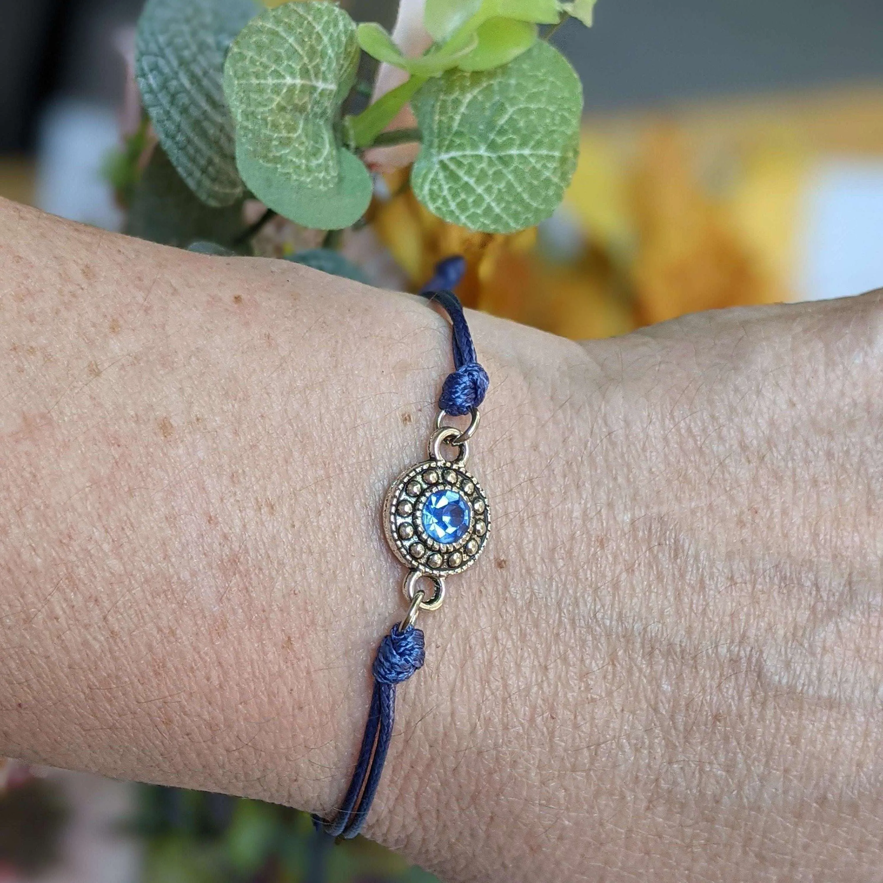 Sapphire Blue Crystal Waxed Cord surfer Bracelet-Sept. Birthstone