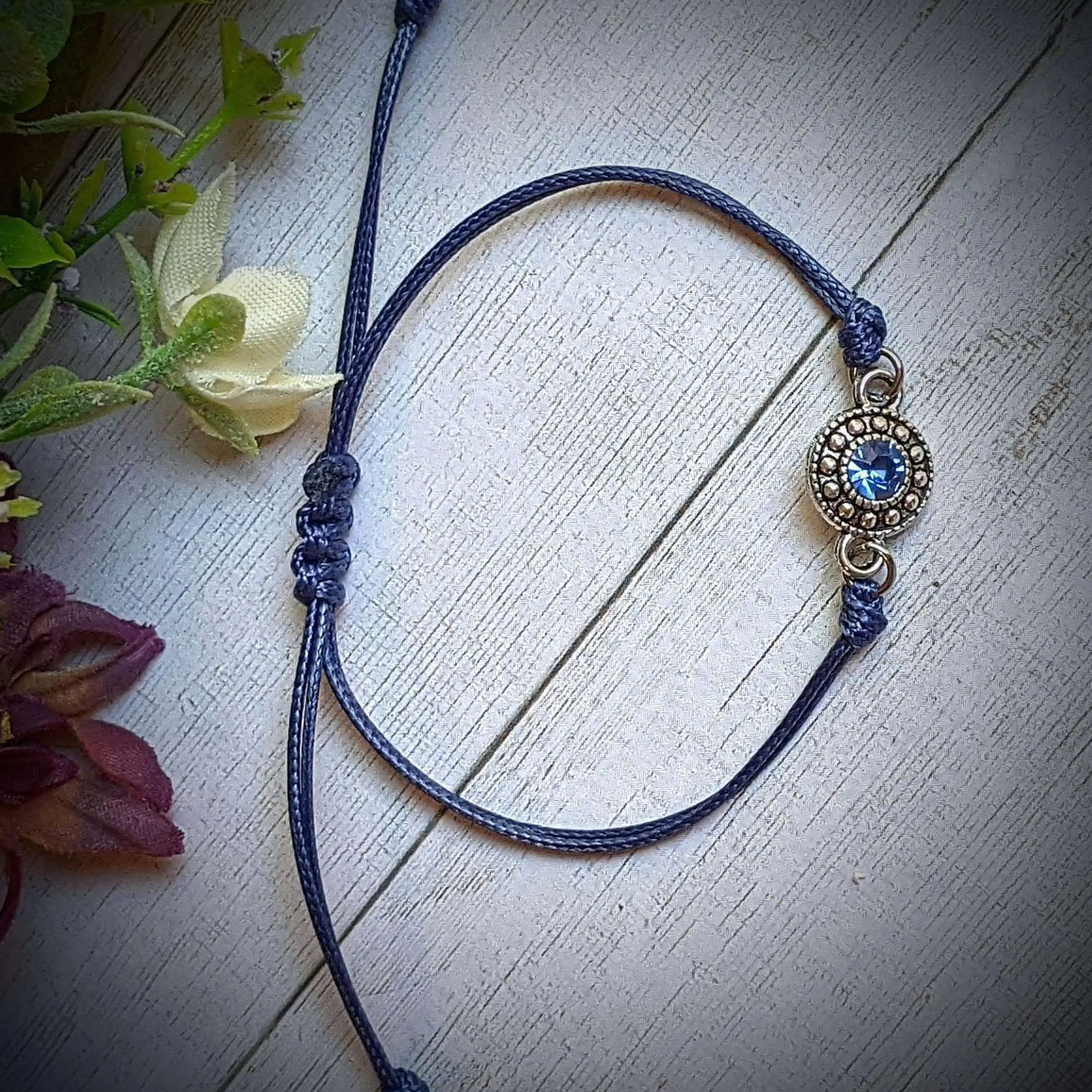 Sapphire Blue Crystal Waxed Cord surfer Bracelet-Sept. Birthstone