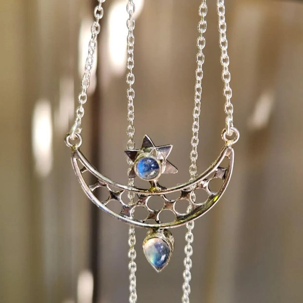 STAR DROP CRESCENT MOON / 925 MOONSTONE NECKLACE