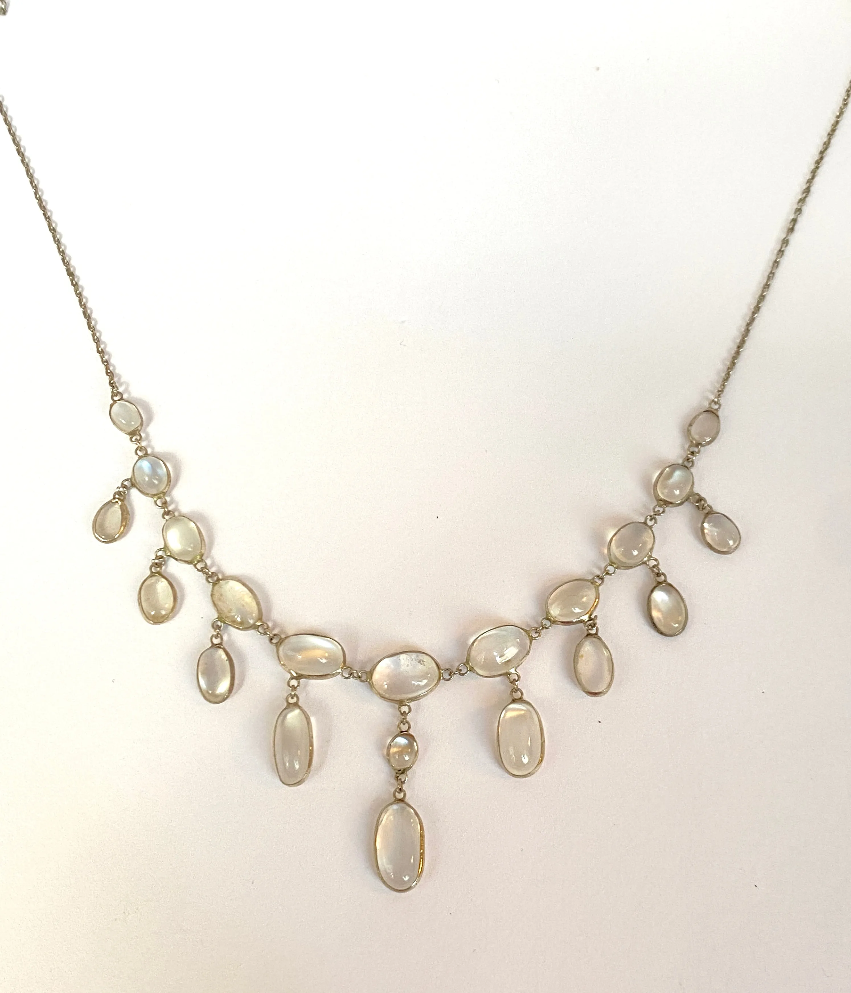 Stunning, Art Deco, 1930s, Sterling Silver, Double Layer Moonstone Fringe Necklace