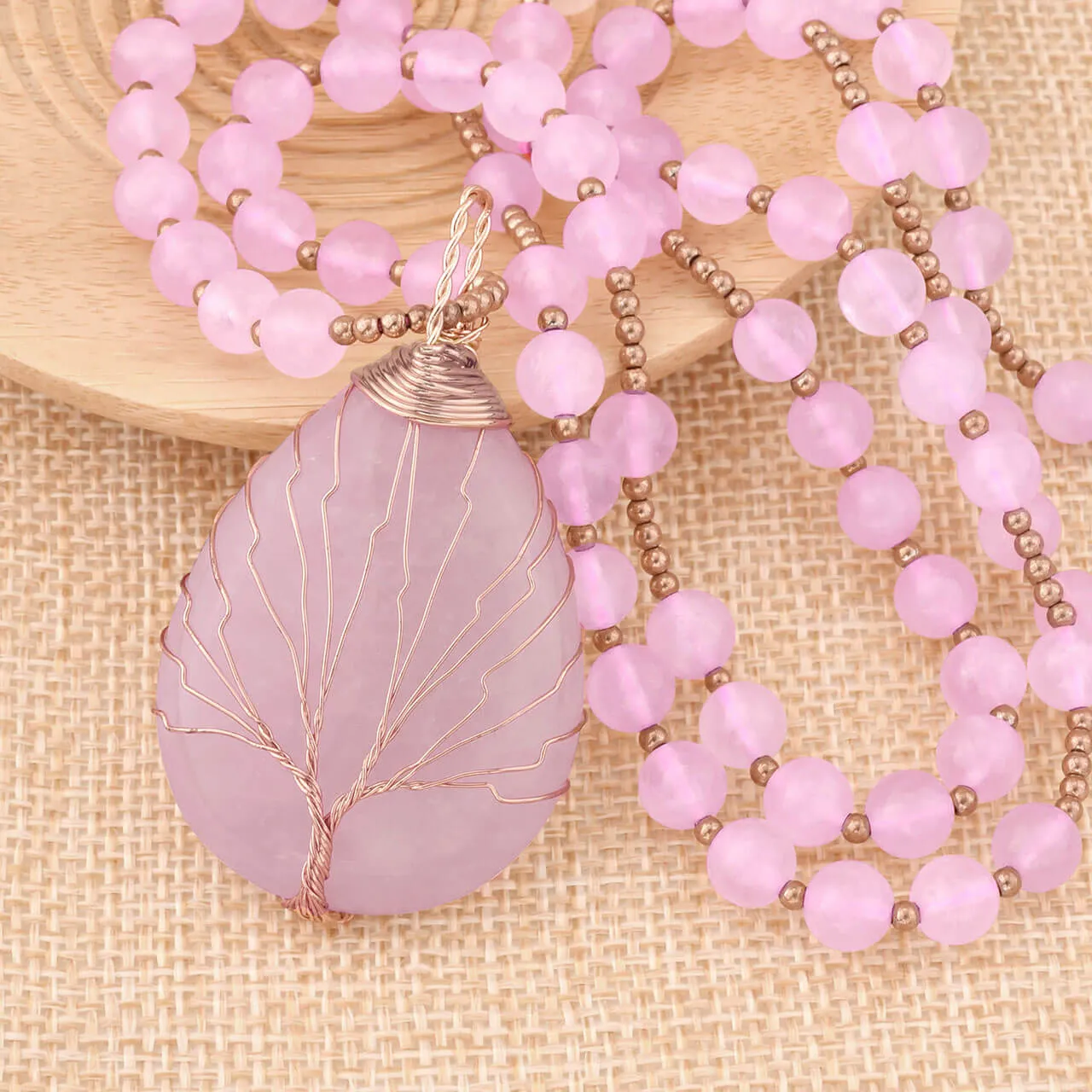 Tree of Life Wire Wrapped Teardrop Gemstone Pendant Necklace | Jovivi