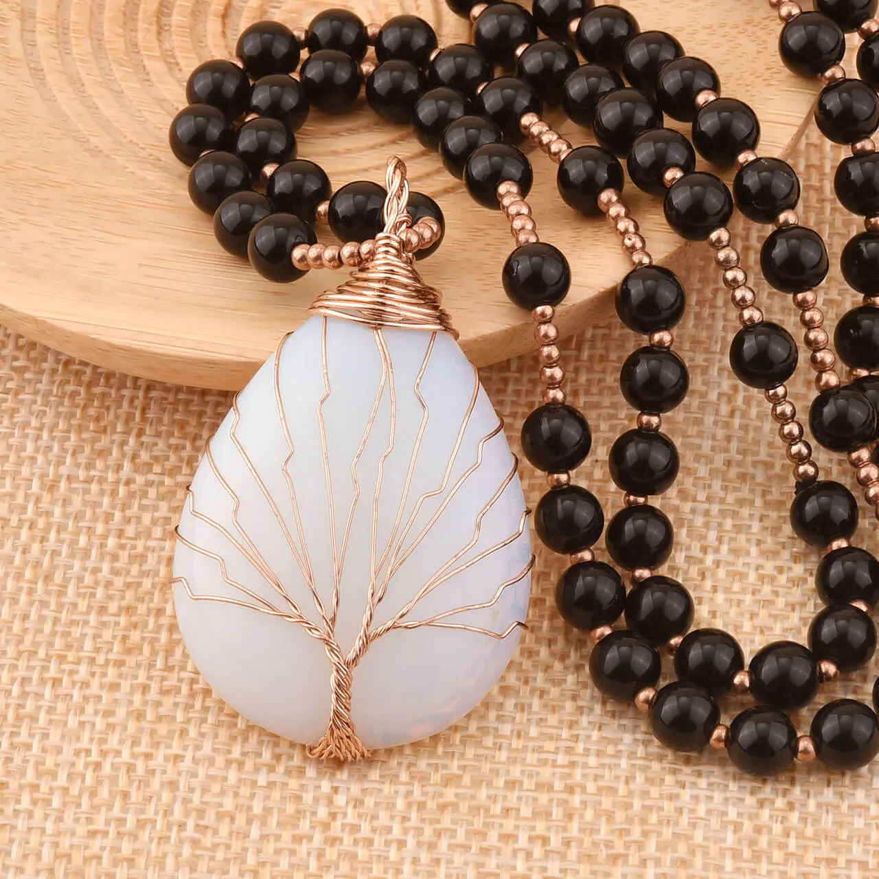 Tree of Life Wire Wrapped Teardrop Gemstone Pendant Necklace | Jovivi