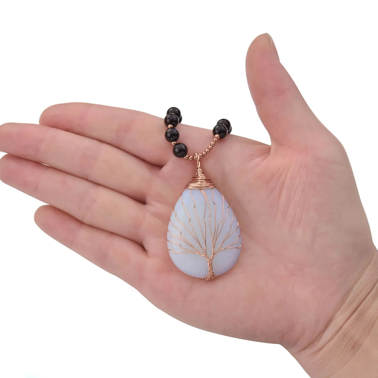 Tree of Life Wire Wrapped Teardrop Gemstone Pendant Necklace | Jovivi
