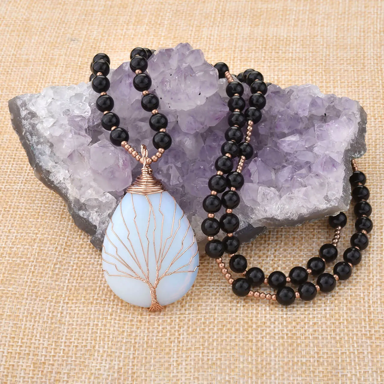Tree of Life Wire Wrapped Teardrop Gemstone Pendant Necklace | Jovivi