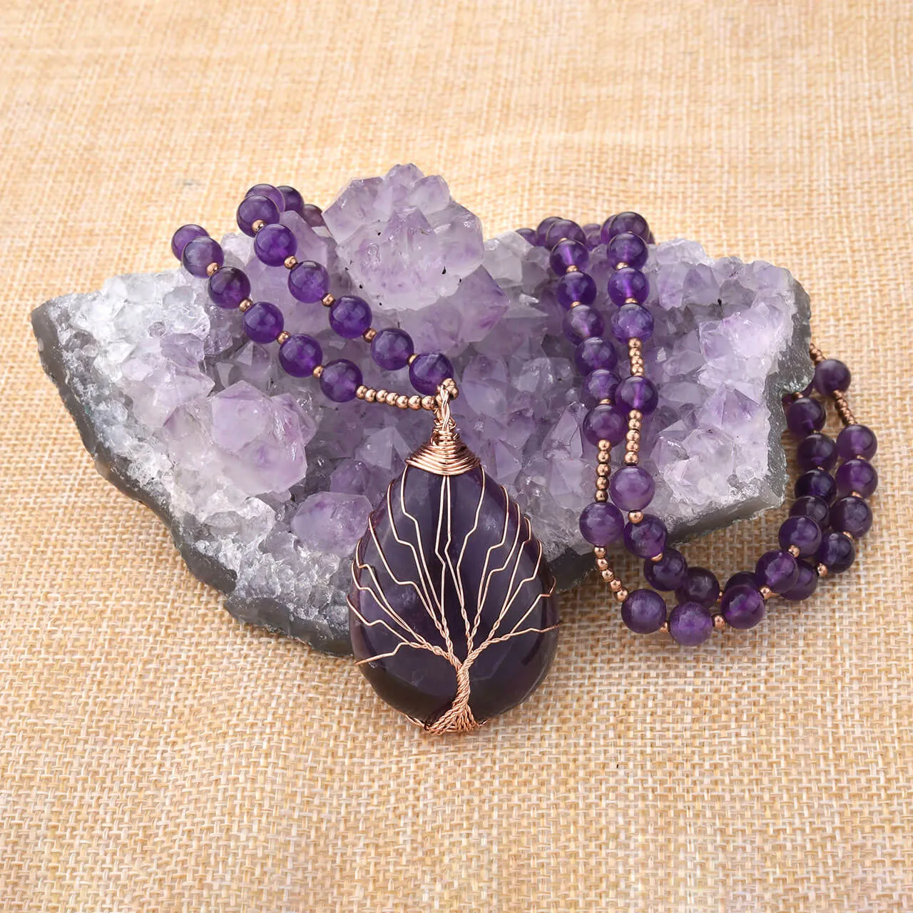 Tree of Life Wire Wrapped Teardrop Gemstone Pendant Necklace | Jovivi