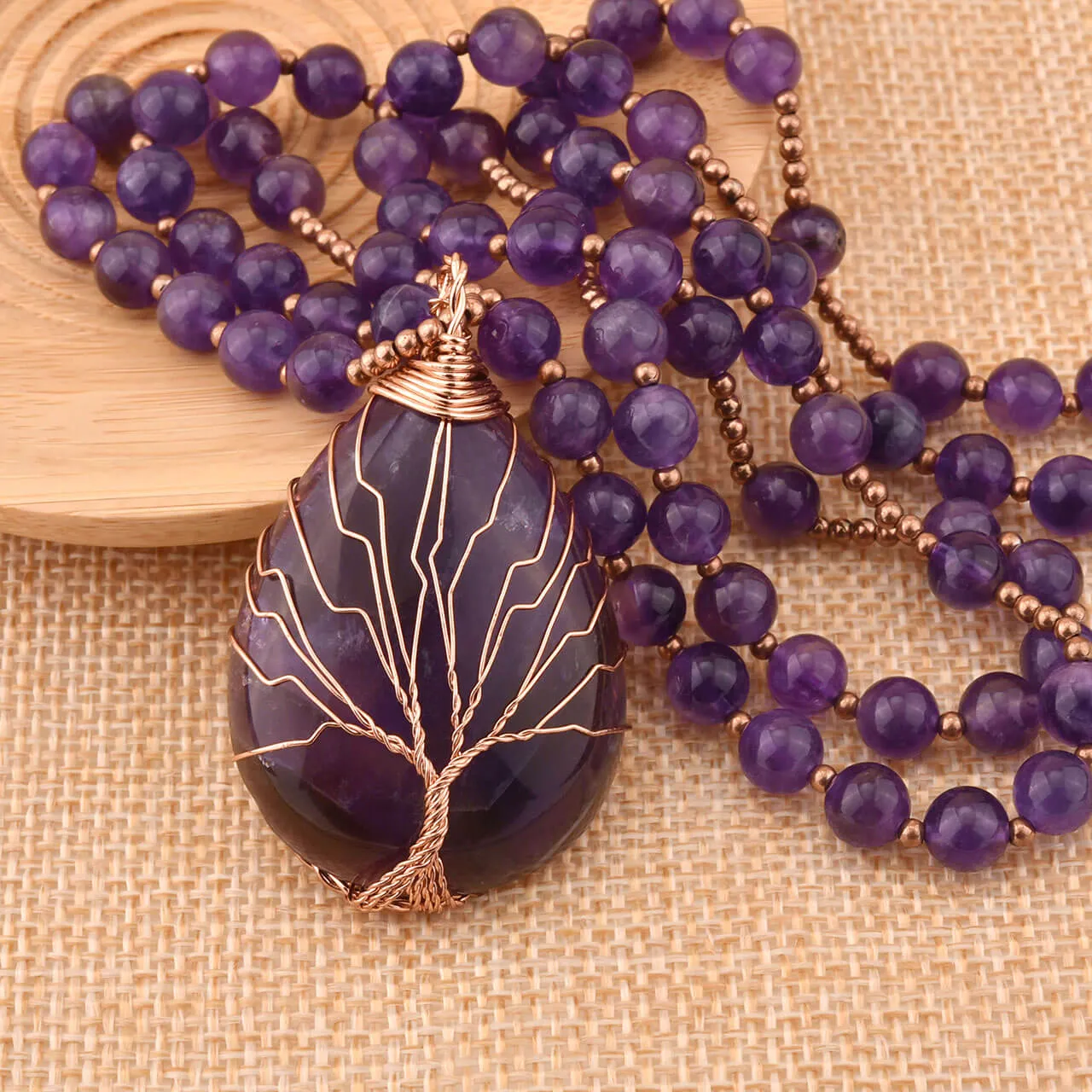 Tree of Life Wire Wrapped Teardrop Gemstone Pendant Necklace | Jovivi