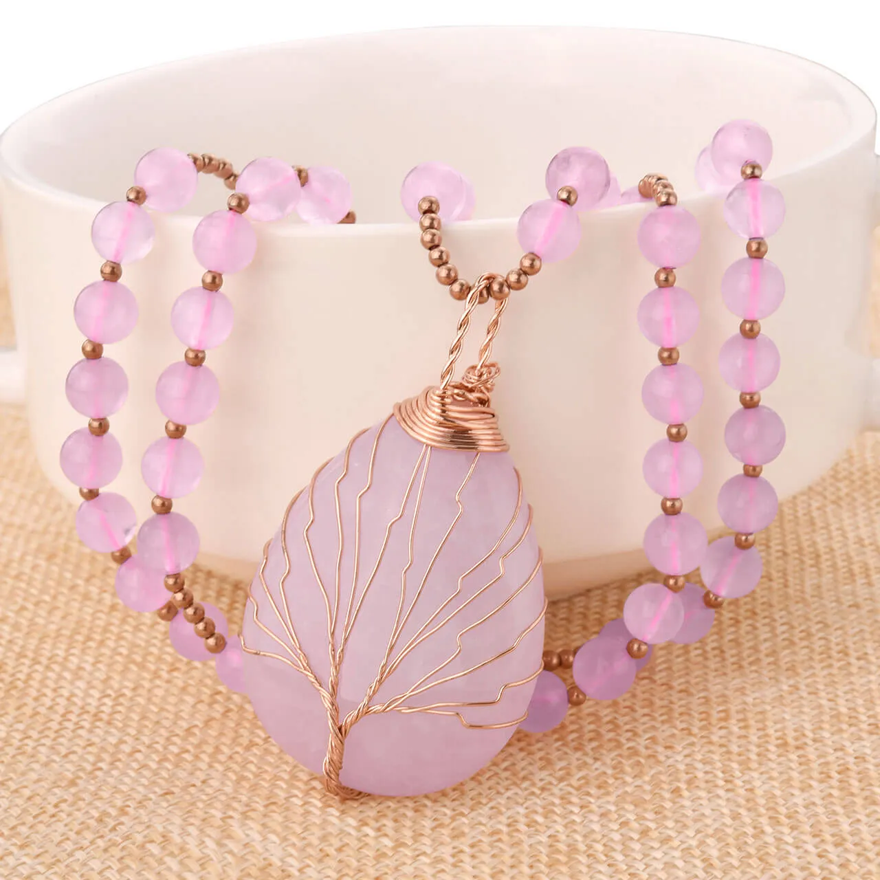 Tree of Life Wire Wrapped Teardrop Gemstone Pendant Necklace | Jovivi