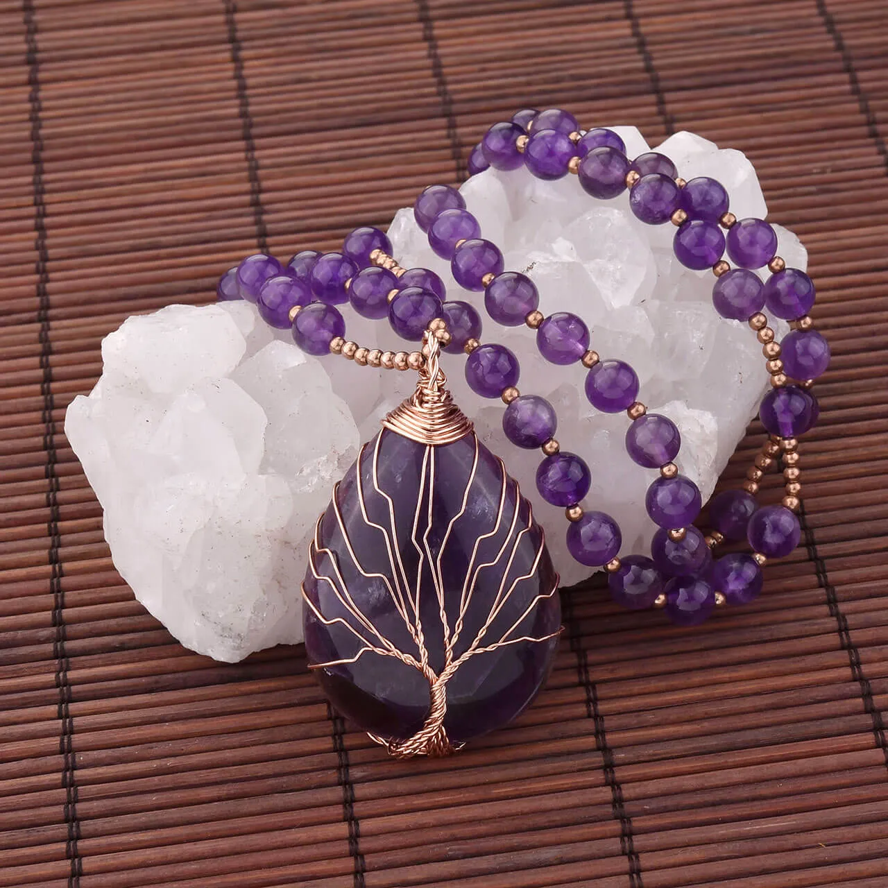 Tree of Life Wire Wrapped Teardrop Gemstone Pendant Necklace | Jovivi