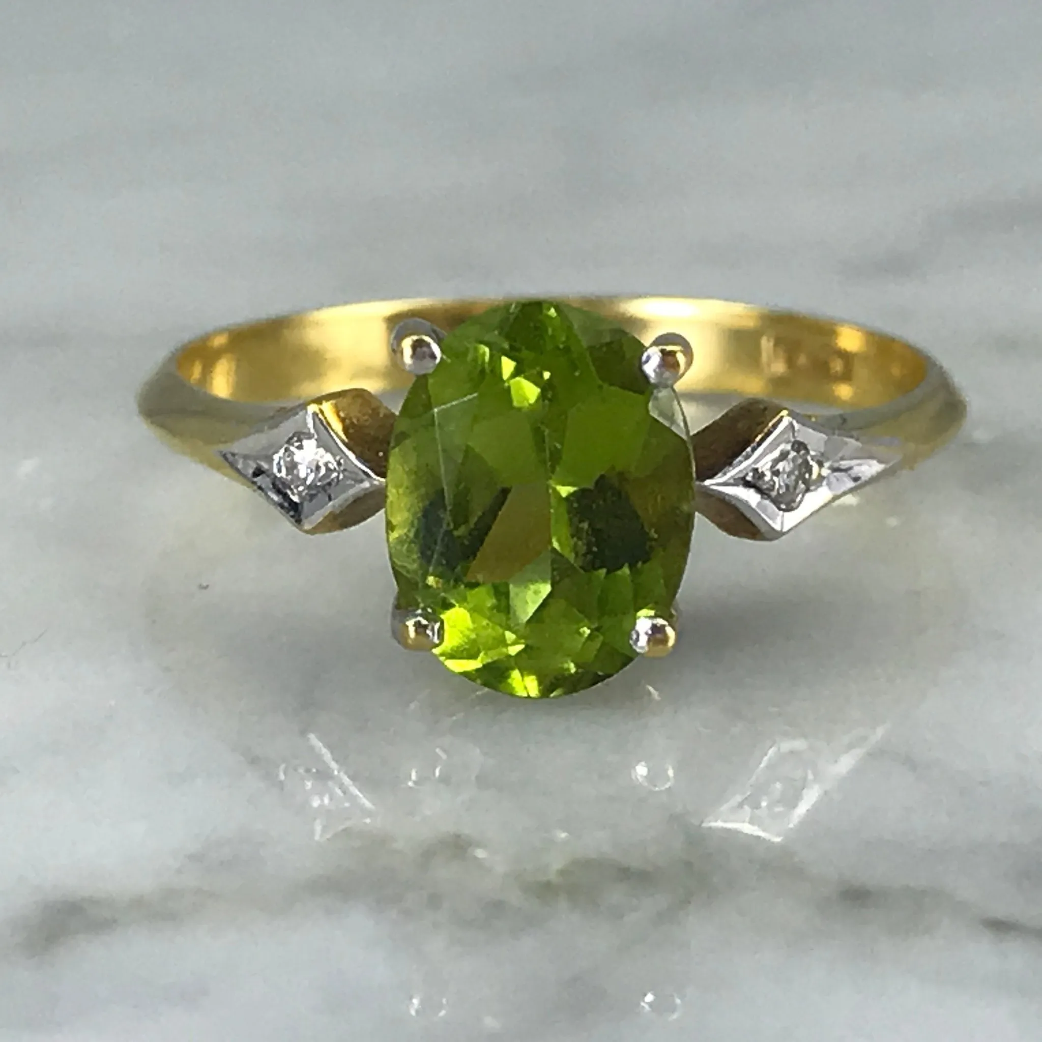 Vintage Peridot and Diamond Ring in 18K Gold. August Birthstone. 16th Anniversary.