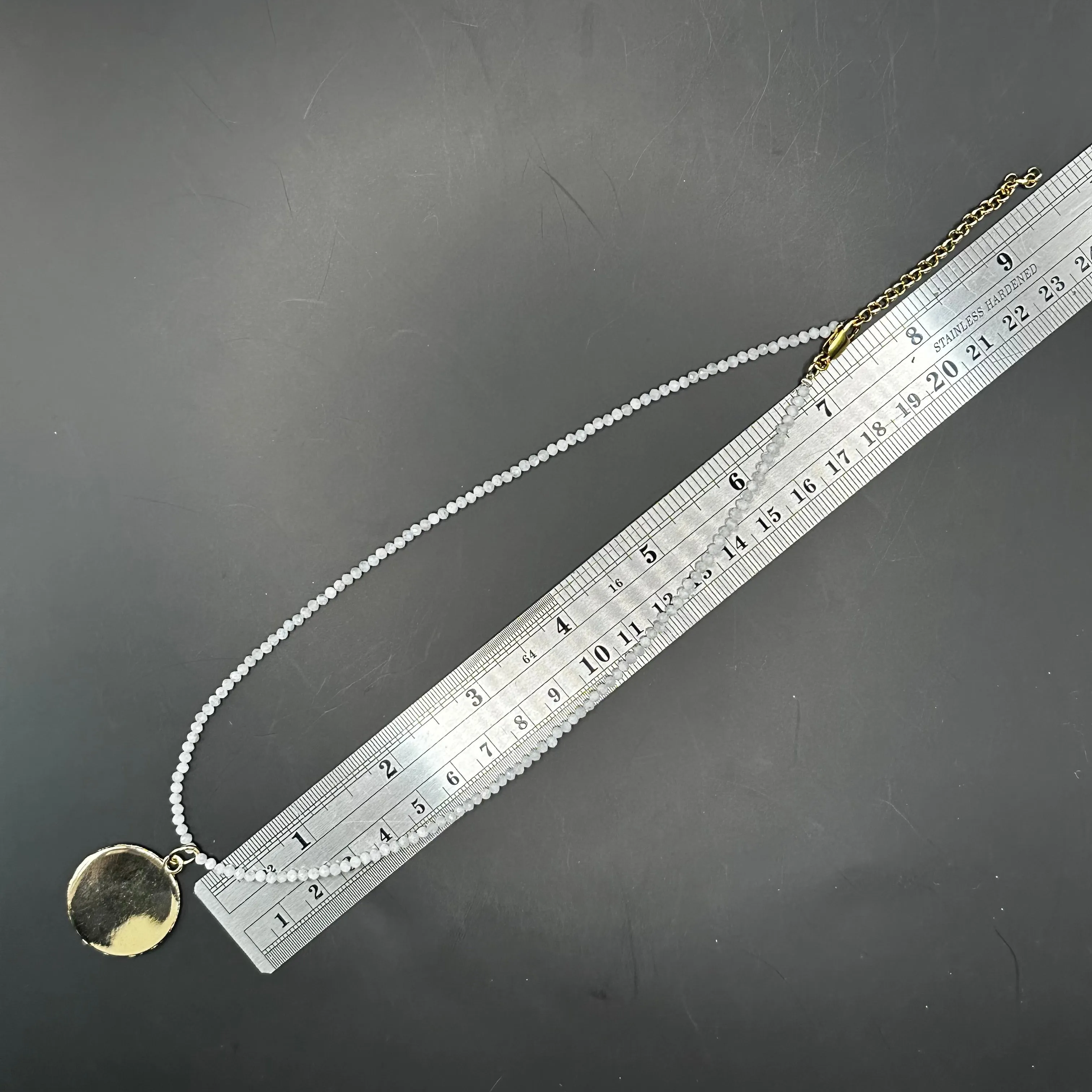 White LV Trunks & Bags Zipper Pull on Moonstone Crystal Necklace