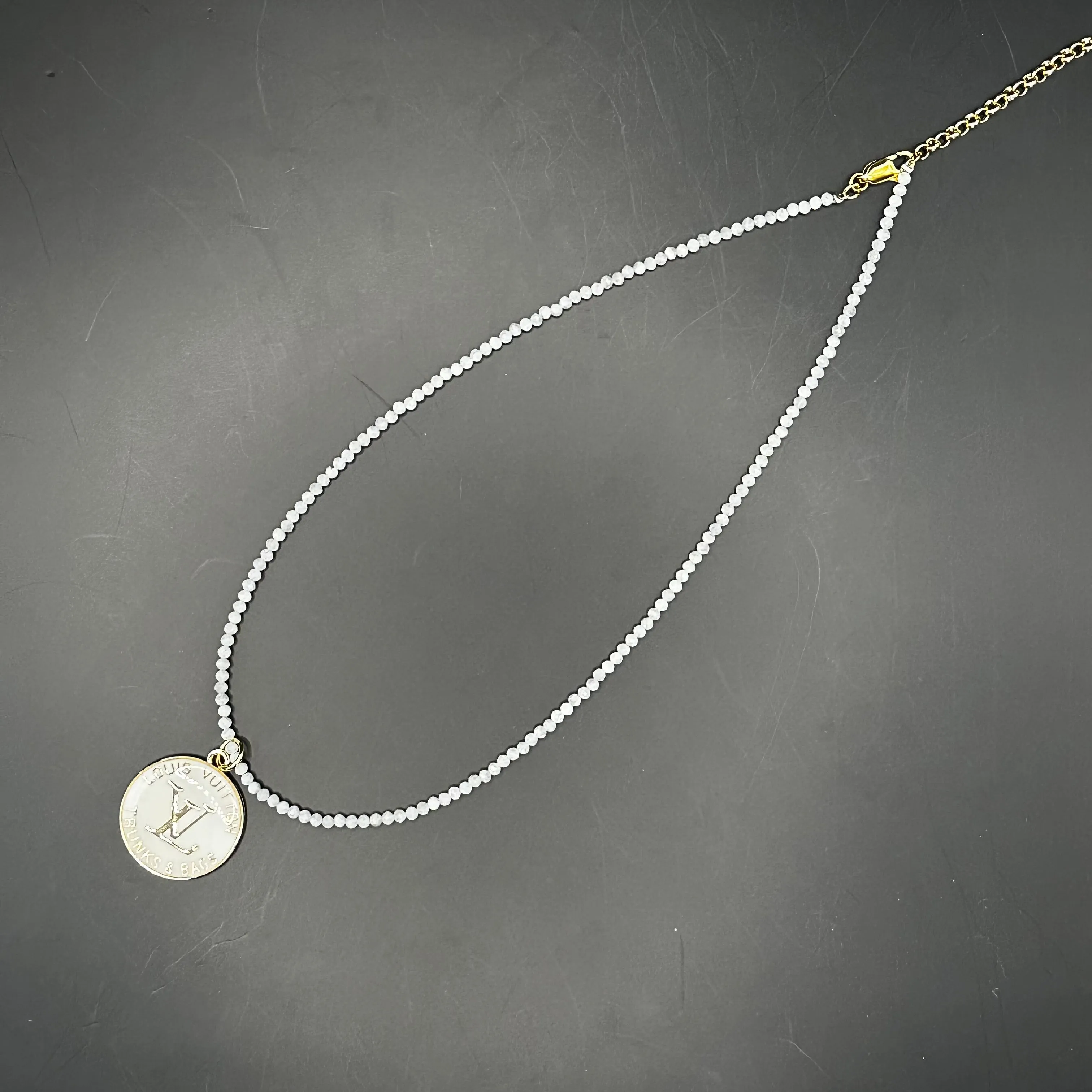 White LV Trunks & Bags Zipper Pull on Moonstone Crystal Necklace