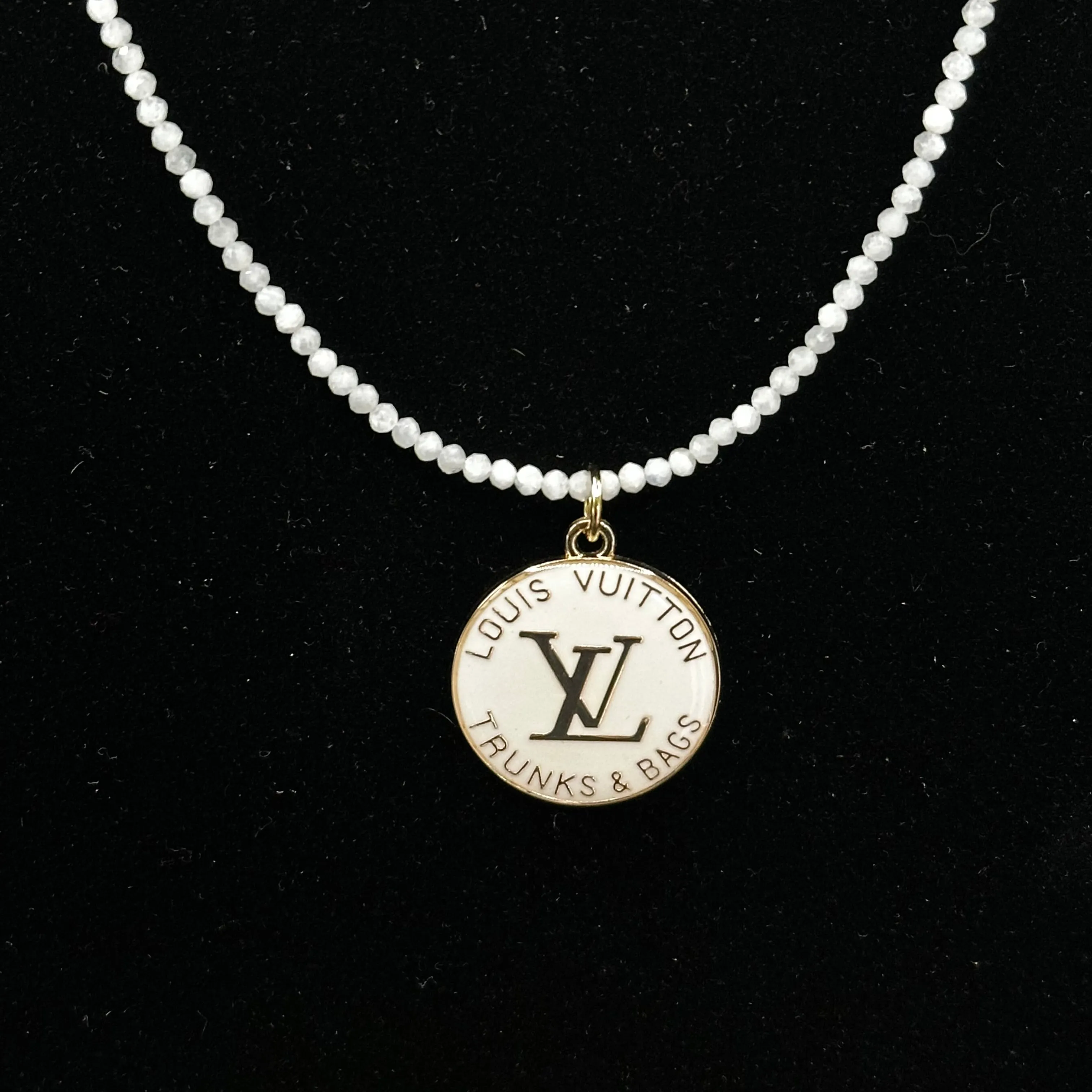 White LV Trunks & Bags Zipper Pull on Moonstone Crystal Necklace