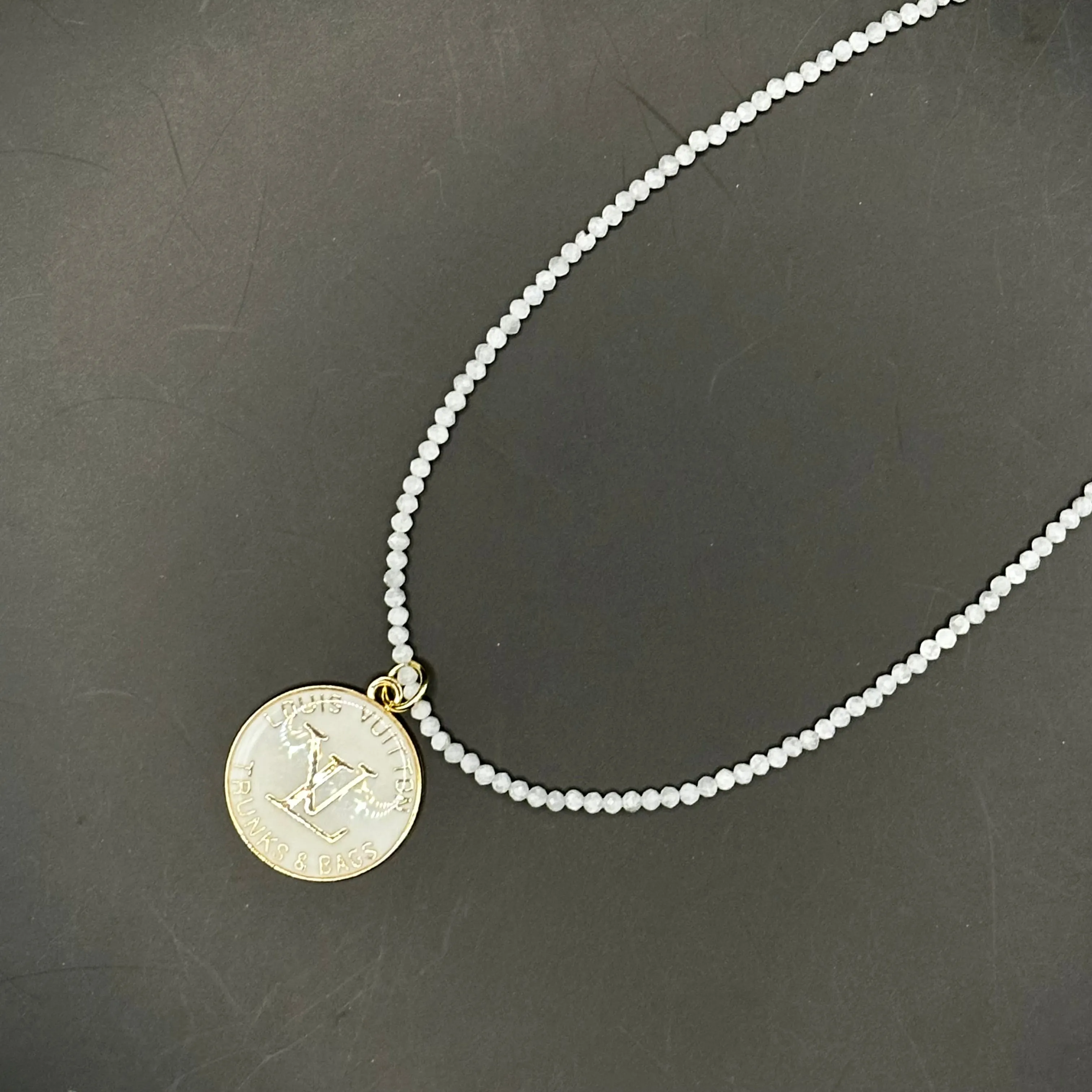 White LV Trunks & Bags Zipper Pull on Moonstone Crystal Necklace